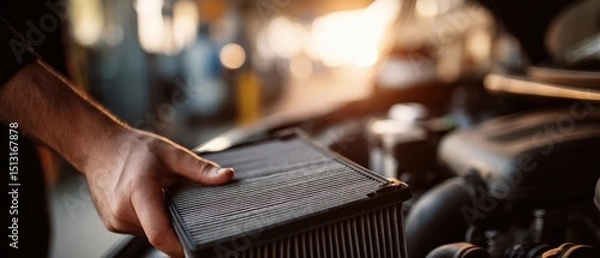 Obraz Adult man mechanic holding dirty car air filter for replacement in auto repair shop Concept of vehicle maintenance, automotive service, and engine care