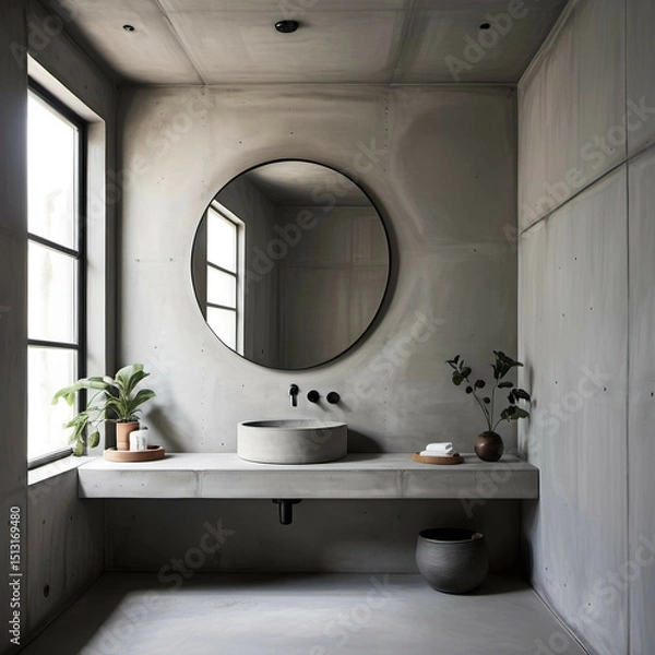 Obraz A minimalist bathroom with concrete walls, a floating sink, and a round mirror with no frame