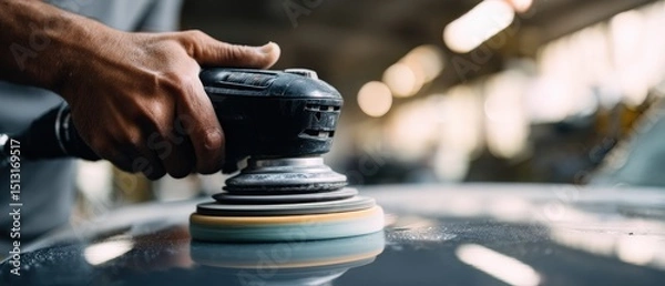 Obraz Closeup of African American man using orbital sander to polish car in auto repair shop, focusing on car detailing and paint correction