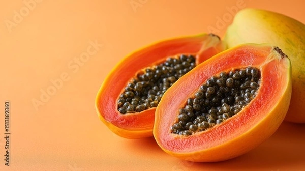 Fototapeta Exotic tropical papaya fruit, vividly displayed with its vibrant orange pulp and glistening black seeds, conveying freshness and culinary appeal on a warm-toned background