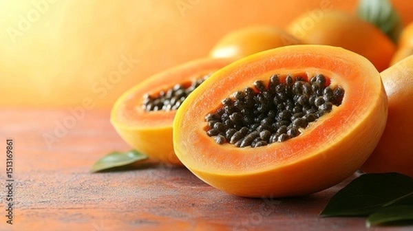 Fototapeta Exotic papaya halves reveal a treasure trove of seeds, enhanced by soft natural light and earthy tones, evoking a sense of tropical abundance