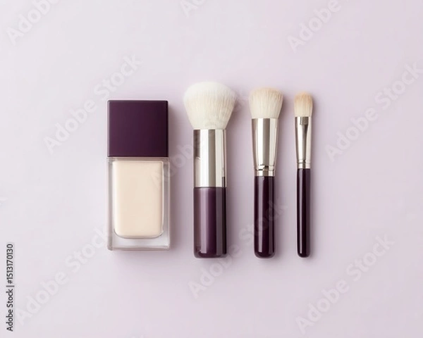 Fototapeta A foundation bottle and three makeup brushes are neatly arranged on a light pastel background.