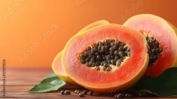 Fototapeta Vibrant Papaya Halves Showcase Tropical Delight and Abundant Seeds on a Rustic Wooden Surface, Evoking a Sense of Health and Freshness
