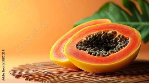 Fototapeta Exotic papaya fruit halves showcase the vibrant colors and textures creating a tropical culinary presentation perfect for healthy lifestyle advertising