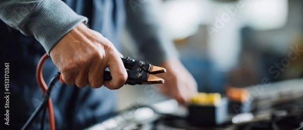 Obraz Man holding jumper cables to start car battery in garage Automotive mechanic using battery jumper for vehicle maintenance and repair