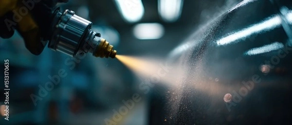 Obraz Industrial worker using spray gun for powder coating metal part in manufacturing factory Concept of surface treatment, metalworking, and industrial production
