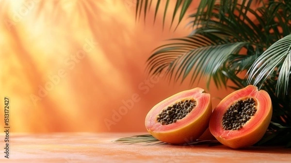 Fototapeta Halved Papayas on Tropical Setting with Sunlight and Palm Fronds, A Slice of Paradise on a Warm Colored Background Representing Summer, Nature and Health