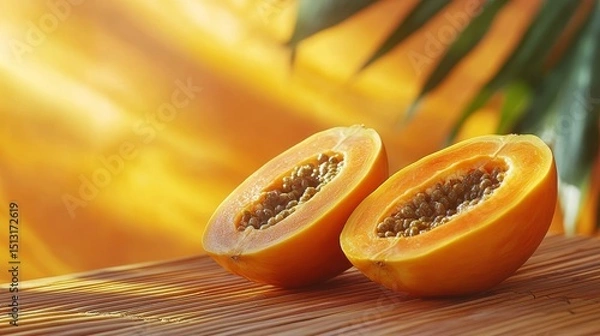 Fototapeta Sun-Kissed Papaya Halves: A Tropical Still Life with Warm Light and Textured Backdrop, highlighting the vibrant fruit and its exotic appeal