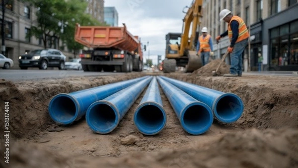 Obraz Close-up of blue pipes in a trench during road construction, workers and machinery visible in the background; concept for infrastructure, engineering, and urban development projects