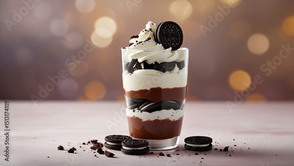Fototapeta Playful Oreo dessert glass with mosaic cookie layers and velvety pudding. Soft shadows accentuate appetizing colors. Ideal for bakery advertising.