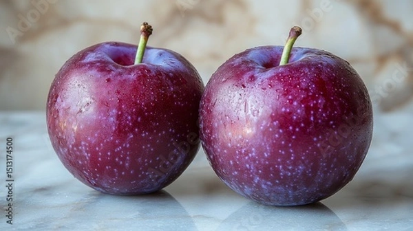 Fototapeta Dual Delight: A Study of Two Ripe Plums Exhibiting Vibrant Color and Freshness on a Marble Surface, Capturing the Essence of Summer's Bounty