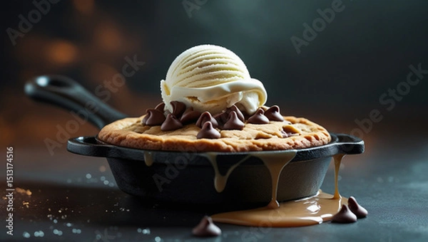 Fototapeta Gooey chocolate chip cookie in cast-iron skillet with melting vanilla ice cream. Dark moody background enhances warm, indulgent atmosphere. Perfect for dessert menus and food blogs.