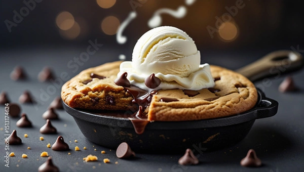 Fototapeta Decadent cookie in mini skillet with oozing chocolate and melting ice cream. Warm bokeh lighting creates cozy dessert vibe. Perfect for recipe books.