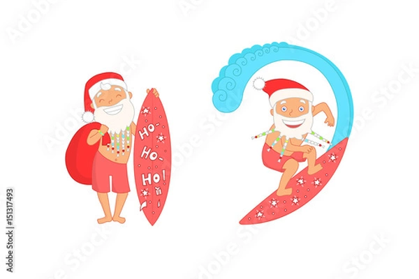 Fototapeta Smiling summer Santa Claus with African braids in the beard, cap and bag with gifts on a surfboard with stars