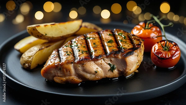 Fototapeta Top view of chicken steak on black ceramic plate. Thick-cut potatoes and roasted tomato. Warm bokeh background. Ideal for culinary portfolios.
