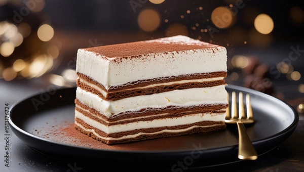 Fototapeta Classic tiramisu slice in moody café lighting. Soft bokeh enhances indulgent texture. Ideal for high-end restaurant promotions.