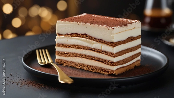 Fototapeta Velvety tiramisu with cocoa dusting on matte black plate. Gold fork adds luxury contrast. Perfect for dessert focused content.