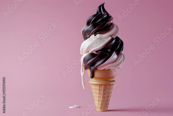 Fototapeta Swirl Chocolate and Vanilla Ice Cream Cone with Melting Drizzle on Light Pink Background