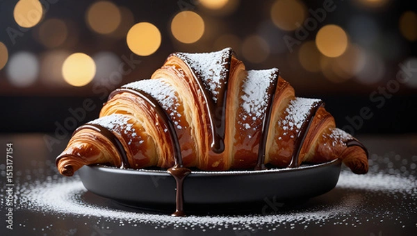 Fototapeta Buttery French croissant with glossy chocolate drizzle. Matte plate contrasts flaky texture. Ideal for gourmet pastry promotions.