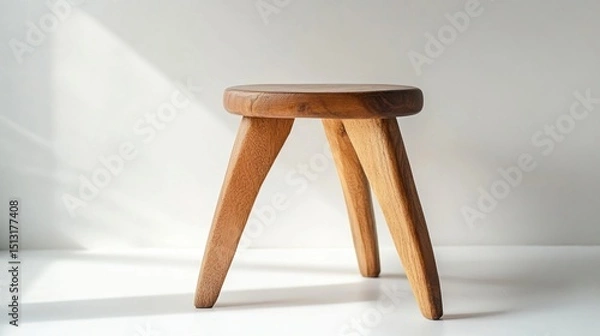 Obraz Wooden stool with three legs on white background, minimalist and rustic design