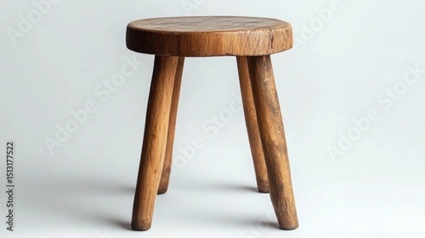 Obraz Wooden stool with three legs on white background, minimalist and rustic design