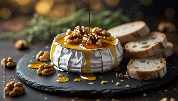 Fototapeta Gooey Brie wheel with honey and walnuts. Rustic presentation on slate. Soft herb bokeh creates cozy vibe. Ideal for food blogs.