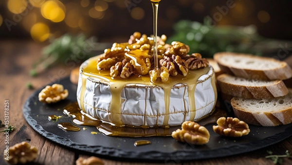 Fototapeta Top view of baked Brie with honey glaze and nuts. Dark background enhances richness. Perfect for holiday entertaining.