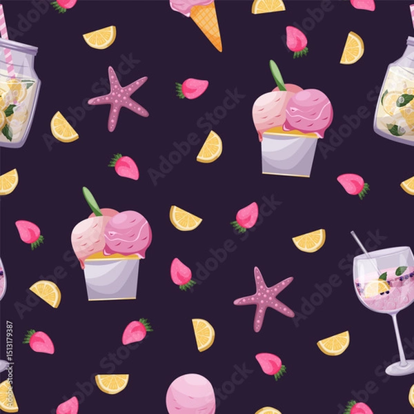 Fototapeta Bright summer vector seamless pattern with ice cream, cocktails, lemonade, starfish, lemons and strawberries on a dark background. Fabric textile design element.