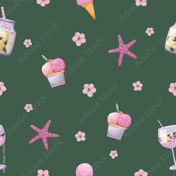Fototapeta Bright summer vector seamless pattern with ice cream, cocktails, lemonade, starfish and pink flowers on a dark green background. Fabric textile design element. 