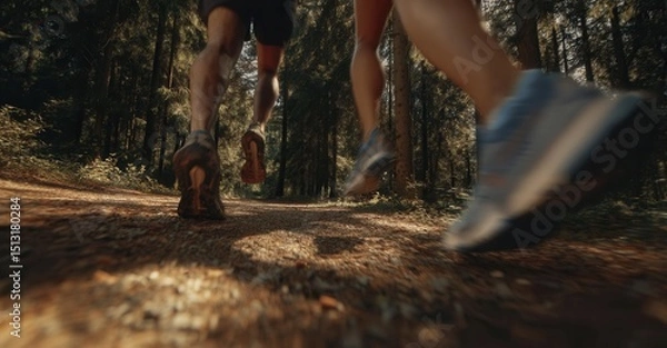 Fototapeta Forest runners speed through the trees. The dynamic shot emphasizes motion and nature in this fitness journey. Ground view. Forest path running