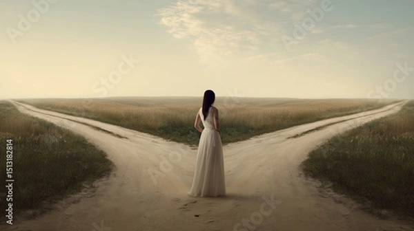 Fototapeta Abstract image of a woman caught between two paths at a fork in the road symbolizing the emotional tension of feeling pulled in opposite directions by desire, logic, and fear