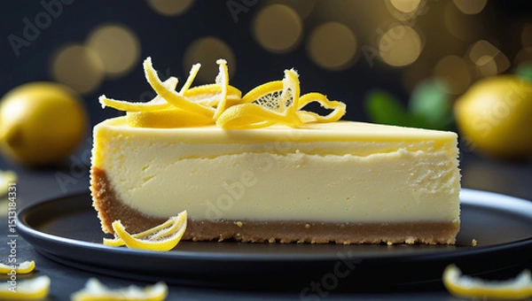 Fototapeta Silky lemon cheesecake slice with candied peel on black plate. Golden crust contrasts creamy center. Dark background with golden bokeh. Perfect for dessert menus.