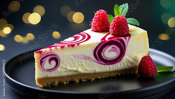 Fototapeta Creamy cheesecake with raspberry swirls on black plate. Fresh berries and mint garnish. Golden bokeh backdrop adds luxury. Perfect for dessert menus