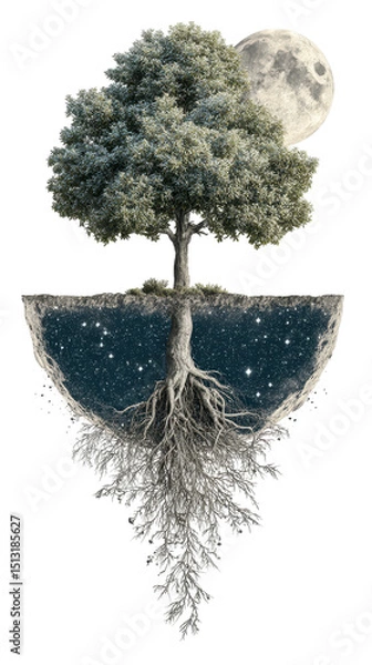 Fototapeta A surreal tree with roots in a starry night landscape. transparent background