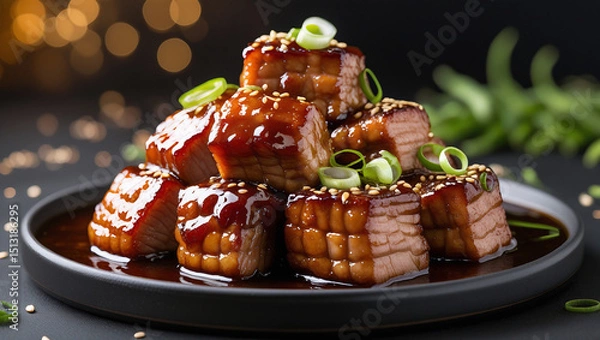 Fototapeta Glazed sticky pork with caramelized edges on black plate. Scallions and sesame garnish. Golden bokeh backdrop. Perfect for restaurant menus.