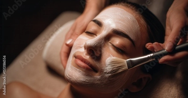 Fototapeta Relaxing facial: Woman receives a spa treatment, face mask applied with a brush. Eyes closed, calm expression, skincare routine.