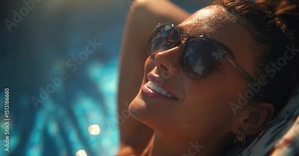 Fototapeta Woman relaxes poolside with sunlit skin and fashionable sunglasses, basking in the summer's golden hour warmth and enjoying a refreshing day.