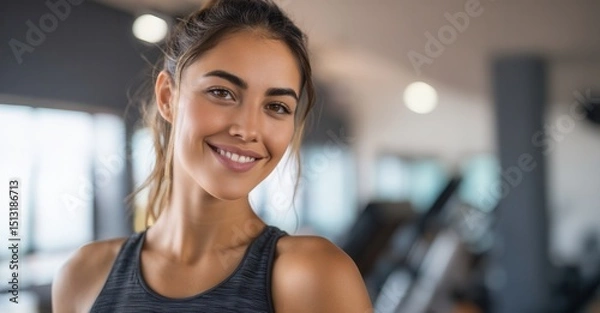 Fototapeta Smiling woman in workout clothes in gym. Healthy, fit and confident. Her positivity shines through as she achieves her fitness goals.