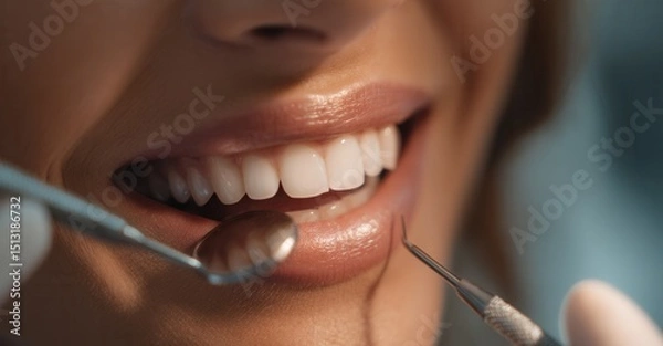Fototapeta Close-up of a patient's mouth with bright white teeth being examined by a dentist using dental tools. Smile makeover for improved oral health.