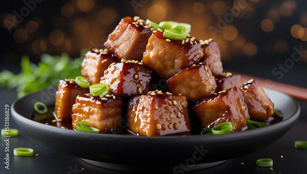 Fototapeta Caramelized pork pieces with scallions and sesame. Warm bokeh lights create luxury vibe. Ideal for Asian fusion ads