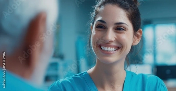 Fototapeta Smiling healthcare provider warmly engages with a patient, fostering trust and demonstrating compassionate care in a medical setting.