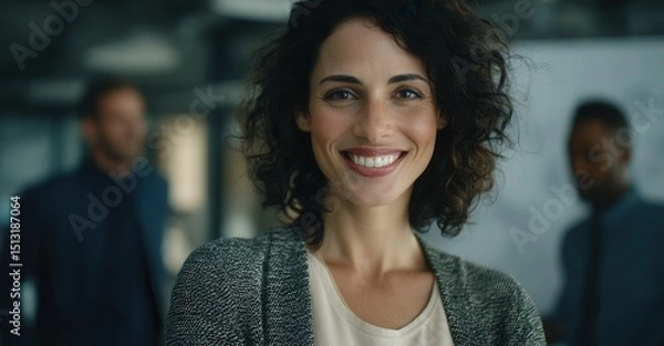 Fototapeta Confident businesswoman with colleagues. Success in the workplace. Portrait of smiling woman in an office with coworkers in the background.