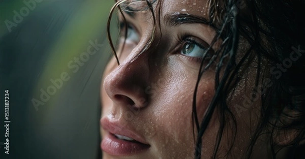Fototapeta Close-up of a woman's face, skin glistens with moisture and wet hair framing. She gazes upwards, creating a serene, natural portrait.