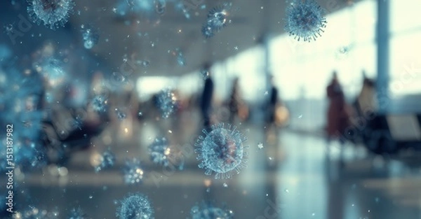 Fototapeta Virus particles floating in an indoor public space, possibly spreading illness. Illustrative of public health risks and disease transmission.