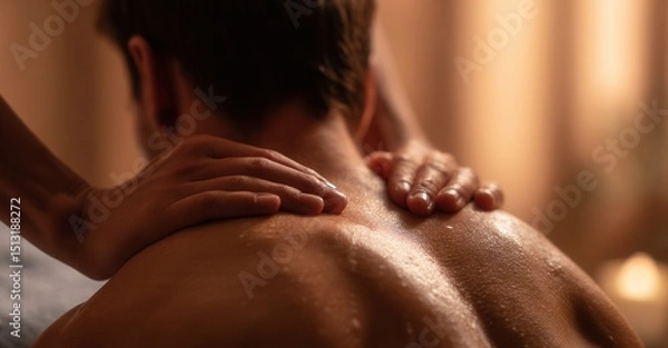 Fototapeta Relaxing massage session with skilled hands easing tension, promoting wellness and tranquility in a serene spa setting. Soothing experience.