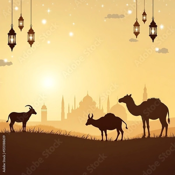 Obraz Silhouettes of Eid al-Adha Sacrificial Animals at Sunrise with Lanterns and a Mosque in the Background