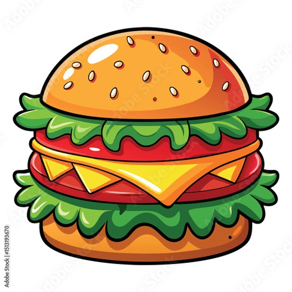 Obraz Cartoon Styled Burger with Cheese, Tomato, Lettuce on a White Isolated Background