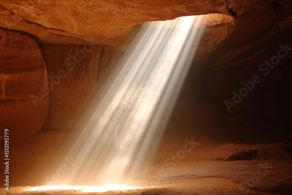 Obraz Spectacular sunlight beams penetrate the cave opening revealing stunning rock formations and sandy floor. Generative AI
