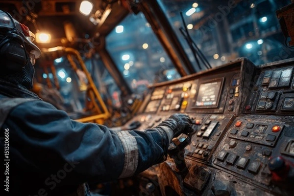 Fototapeta Top Drive Drilling Rig Interior with Worker Operating Controls
