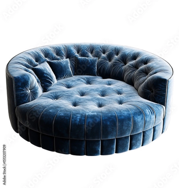 Fototapeta A blue velvet circular sofa chair with two pillows  isolated on a transparent background PNG,